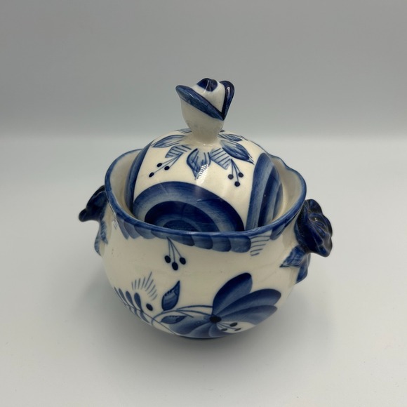 Russian GZHEL Porcelain Blue White Sugar Candy Bowl Lid Vintage Handmade Painted - Picture 5 of 13